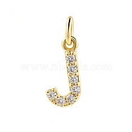 Brass Cubic Zirconia Pendants with Jump Rings, Real 18K Gold Plated, Letter J, 15x7.5x2.2mm, Hole: 2.8mm(FIND-PW0024-09J)