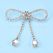 Crystal Rhinestone Bowknot Lapel Pin, Creative Brass Badge for Backpack Clothes, Silver, 55x56x9.5mm, Pin: 0.6mm(JEWB-T002-01S)