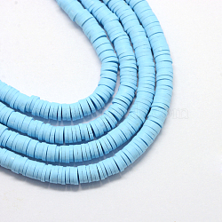 Handmade Polymer Clay Beads, Disc/Flat Round, Heishi Beads, Light Sky Blue, 6x1mm, Hole: 2mm, about 380~400pcs/strand, 17.7 inch(X-CLAY-R067-6.0mm-36)