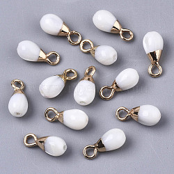 Natural Freshwater Shell Charms, with Light Gold Plated Brass Loop and Half Drilled Hole, Teardrop, Creamy White, 11x5mm, Hole: 1.8mm, Half Hole: 1mm(X-SHEL-N026-45)