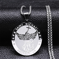 304 Stainless Steel Archangel Saint Michael Medal Pendant Box Chain Necklaces for Women, Stainless Steel Color, 23.58 inch(59.9cm)(NJEW-S440-01P)