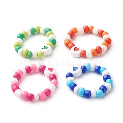 Heart Acrylic Beads Finger Rings for Kid Teen Girl Women, Glass Seed Beads Rings, Mixed Color, US Size 8 1/2(18.5mm)(RJEW-JR00382)