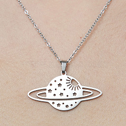 201 Stainless Steel Hollow Planet Pendant Necklace, Stainless Steel Color, 17.72 inch(45cm)(NJEW-OY001-75)