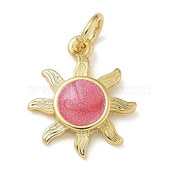 Rack Plating Brass Enamel Charms, with Jump Ring, Long-Lasting Plated, Lead Free & Cadmium Free, Sun Charms, Real 18K Gold Plated, Cerise, 14.5x12x2mm, Hole: 3mm(KK-K392-50G-05)