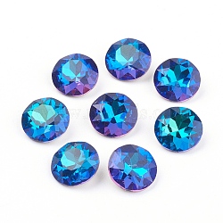 Pointed Back & Back Plated Glass Rhinestone Cabochons, Grade A, Faceted, Flat Round, Bermuda Blue, 8x4.5mm(X-RGLA-J012-8mm-001BB)
