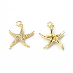 Brass Micro Pave Cubic Zirconia Pendants, with Jump Rings, Starfish Charm, Golden, 23x20.5x3mm, Hole: 3mm(KK-E068-VB308)