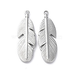 304 Stainless Steel Pendants, Feather Charms, Stainless Steel Color, 39.5x13x2.5mm, Hole: 1.5mm(STAS-P324-31P)