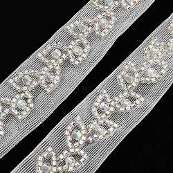 Polyester Leaf Lace Trims, with ABS Imitation Pearl Beads and Glass, Floral White, 3/4 inch(18mm)(OCOR-A007-14)