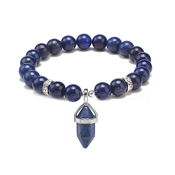 Natural Lapis Lazuli(Dyed) Round Beaded Stretch Bracelet with Bullet Charms, Gemstone Yoga Jewelry for Women, Inner Diameter: 2~2-1/8 inch(5.1~5.3cm)