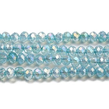 Transparent Baking Painted Glass Beads Strands, AB Color, Faceted, Round, Medium Turquoise, 3x2.5mm, Hole: 0.7mm, about 156~159pcs/strand, 14.80~14.96 inch(37.6~38cm)