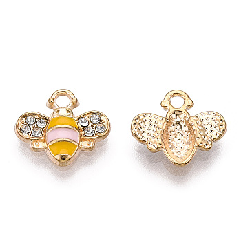 Golden Plated Alloy Enamel Charms, with Rhinestone, Bee Charm, Misty Rose, 12.5x14.5x2.5mm, Hole: 1.8mm