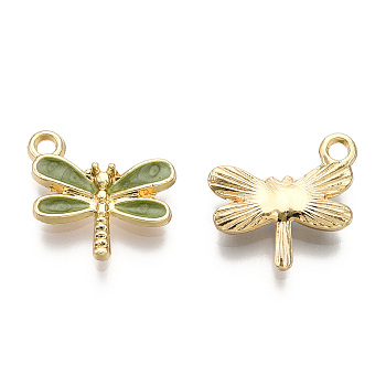 Light Gold Plated Alloy Charms, with Enamel, Dragonfly, Olive Drab, 14.5x15.5x3mm, Hole: 1.8mm