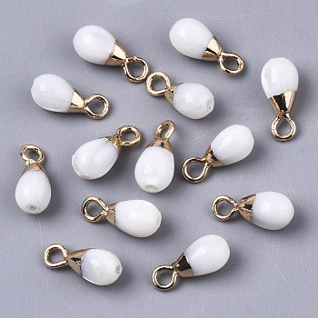 Natural Freshwater Shell Charms, with Light Gold Plated Brass Loop and Half Drilled Hole, Teardrop, Creamy White, 11x5mm, Hole: 1.8mm, Half Hole: 1mm