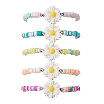 5Pcs 5 Color Polymer Clay Heishi Surfer Stretch Bracelets Set, Flower Resin Stackable Bracelets for Kids, Mixed Color, Inner Diameter: 2 inch(5.1cm), 1Pc/color