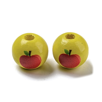 Printed Wood European Beads, Large Hole Beads, Round, Yellow, 16~16.5x14.5~15mm, Hole: 4mm