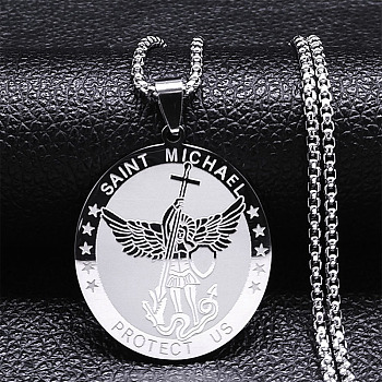 304 Stainless Steel Archangel Saint Michael Medal Pendant Box Chain Necklaces for Women, Stainless Steel Color, 23.58 inch(59.9cm)