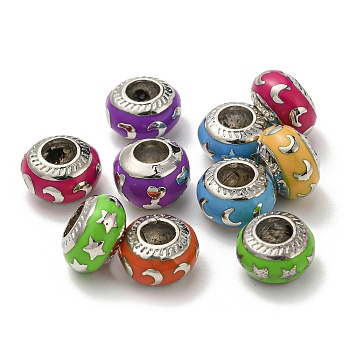 Alloy Enamel European Beads, Large Hole Beads, Platinum, Rondelle with Moon & Star, Mixed Color, 12x7~8.5mm, Hole: 5mm