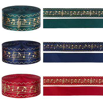 Elite 36 Yards 3 Colors Laser Style Polyester Satin Ribbons, Gold Stamping Musical Note Pattern, Mixed Color, 1 inch(25mm), about 12 yards(10.97m)/color