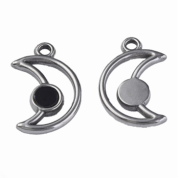 304 Stainless Steel Pendants, with Dyed Black Shell, Moon, Stainless Steel Color, 18x12x2mm, Hole: 1.8mm