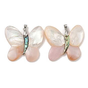 Rack Plating Brass Pave Natural Paua Shell & White Shell Pendants, Butterfly Charms, Platinum, 39x40.5x4mm, Hole: 5X3.5mm