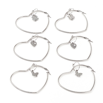 Stainless Steel Hoop Earrings Sets, with Crystal Rhinestone, Heart & Clover & Butterfly, Stainless Steel Color, 88.5x53x2mm, Pin: 0.8mm, 3 pairs/set