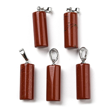 Natural Red Jasper Pendants, with Platinum Tone Brass Findings, Column Charms, 26~27x8~8.5mm, Hole: 4x6.5mm