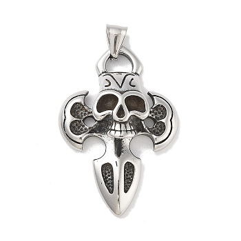 304 Stainless Steel Big Pendants, Antique Silver, Cross witg Skull, 51.5x35.5x12mm, Hole: 8x5mm