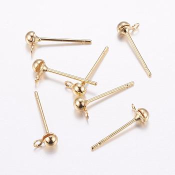 Brass Stud Earring Findings, with Loop, Long-Lasting Plated, Cadmium Free & Nickel Free & Lead Free, Real 18K Gold Plated, 5.5x3x2.5mm, Hole: 1mm, Pin: 0.7~0.8mm
