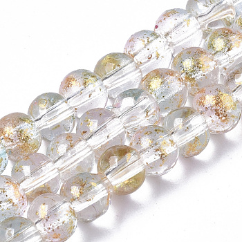 Transparent Spray Painted Glass Bead Strands, with Golden Foil, Round, Lavender Blush, 4~5mm, Hole: 0.9~1.2mm, about 95~103pcs/Strand, 13.78 inch~14.88 inch(35~37.8cm)