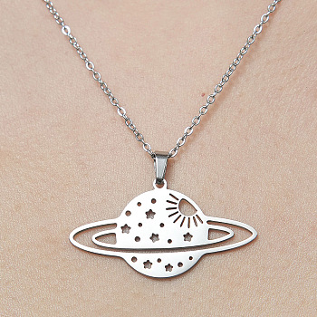 201 Stainless Steel Hollow Planet Pendant Necklace, Stainless Steel Color, 17.72 inch(45cm)