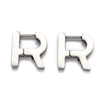 304 Stainless Steel Huggie Hoop Earrings, Letter R, Stainless Steel Color, 13x13x3mm, Pin: 1mm