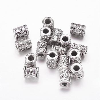 Tibetan Style Alloy Beads, Lead Free & Nickel Free & Cadmium Free, Column, Antique Silver, about 7mm long, 5.5mm wide, 5mm thick, Hole: 2.5mm