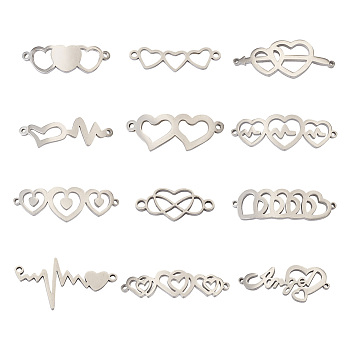 24Pcs 12 Style 304 Stainless Steel Link Connectors, Heart, Stainless Steel Color, 2pcs/style