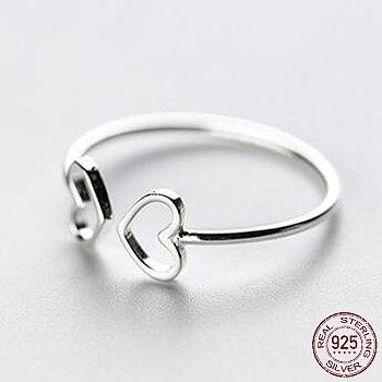 Sterling Silver Double Heart Open Cuff Ring for Women, Silver, Inner Diameter: 16~17mm