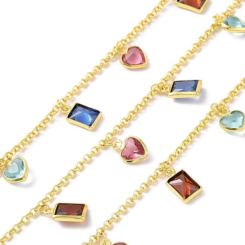 Colorful Glass Heart & Rectangle Charms Chains, with Rack Plating Eco-Friendly Handmade Brass Rolo Chains, Soldered, with Spool, Lead Free & Cadmium Free & Nickel Free, Real 18K Gold Plated, Link: 2x0.6mm