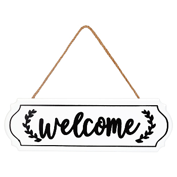 CREATCABIN Welcome Sign Natural Wood Door Hanging Decoration for Front Door Decoration, with Jute Twine, Rectangle, White, 24.8cm, Rectangle: 9.6x29.7x0.8cm