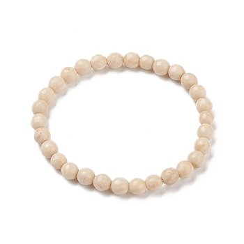 Natural Fossil Bead Stretch Bracelets, Faceted, Round, 2 inch~2-3/8 inch(5~6cm), Bead: 5.8~6.8mm