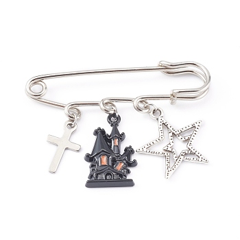 Iron Safety Brooch for Halloween, with Alloy Enamel Pendants, Haunted House & Star, Black, Antique Silver, 38mm