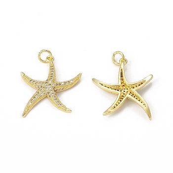 Brass Micro Pave Cubic Zirconia Pendants, with Jump Rings, Starfish Charm, Golden, 23x20.5x3mm, Hole: 3mm