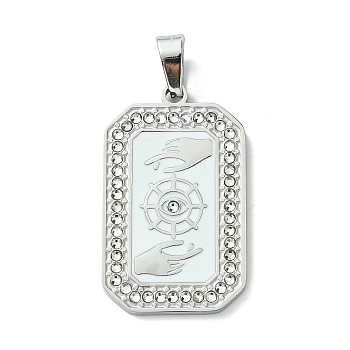 Ion Plating(IP) 304 Stainless Steel Pendants, with Enamel and Rhinestone, Rectangle with Tarot Charm, Stainless Steel Color, White, 32x19.5x2mm, Hole: 6.5x4mm