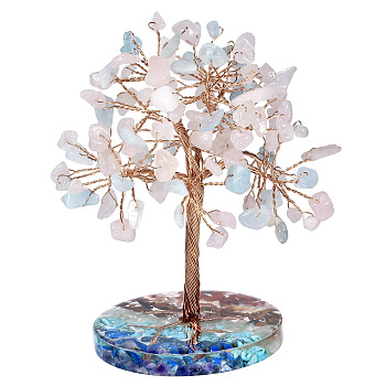 Natural Gemstone Chips Tree of Life Decorations, Round Resin Base with Copper Wire Feng Shui Energy Stone Gift for Home Office Desktop Decoration, 63~89x100~117mm