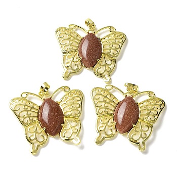 Synthetic Goldstone Pendants, Brass Butterfly Charms, Golden, Rack Plating, Cadmium Free & Lead Free, 41.5x45x8mm, Hole: 8x4.5mm