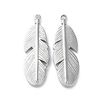 304 Stainless Steel Pendants, Feather Charms, Stainless Steel Color, 39.5x13x2.5mm, Hole: 1.5mm