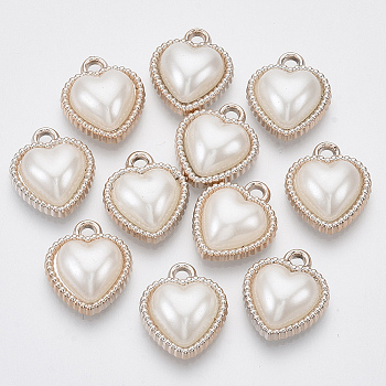 UV Plating ABS Plastic Pendants, with ABS Plastic Imitation Pearl, Heart, Light Gold, Creamy White, 18.5x16x6mm, Hole: 2mm