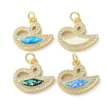 Brass Micro Pave Clear Cubic Zirconia Pendants, with Synthetic Opal, with Jump Ring, Real 18K Gold Plated, Swan, Mixed Color, 15x17.5x3mm, Hole: 3.6mm