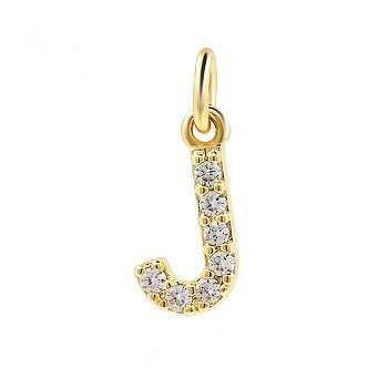 Brass Cubic Zirconia Pendants with Jump Rings, Real 18K Gold Plated, Letter J, 15x7.5x2.2mm, Hole: 2.8mm