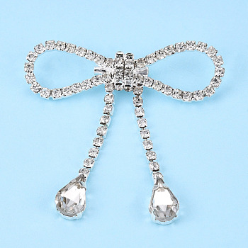 Crystal Rhinestone Bowknot Lapel Pin, Creative Brass Badge for Backpack Clothes, Silver, 55x56x9.5mm, Pin: 0.6mm