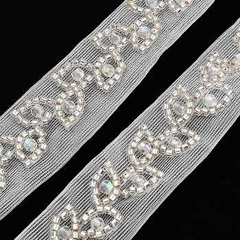 Polyester Leaf Lace Trims, with ABS Imitation Pearl Beads and Glass, Floral White, 3/4 inch(18mm)