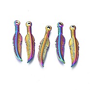 Ion Plating(IP) 304 Stainless Steel Pendants, Feather, Rainbow Color, 28x6x2.5mm, Hole: 1.6mm(STAS-N098-024)