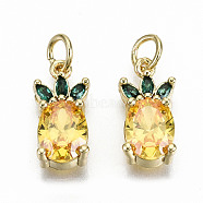 Brass Micro Pave Gold Cubic Zirconia Charms, with Jump Rings, Nickel Free, Pineapple, Real 16K Gold Plated, 14.5x7x4.5mm, Jump Ring: 5x0.8mm, 3.4mm inner diameter(ZIRC-S067-155-NF)